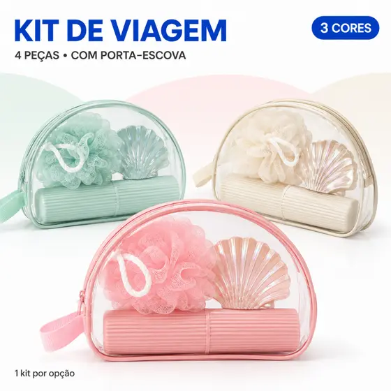 Kit Necessaire de Viagem 4 Peças Transparente, Organizador de Higiene Pessoal com Porta Escova, Saboneteira e Esponja de