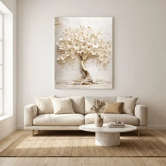 Quadro Decorativo Árvore Florida Dourada 60x90 Tela Canvas Grande Pronto Para Pendurar Sala Quarto