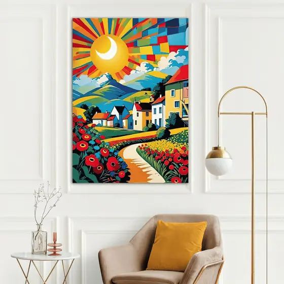 Quadro Decorativo Vila Colorida com Sol 60x90 Tela Canvas Grande Pronto Para Pendurar Sala Quarto