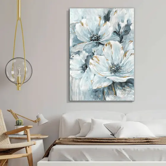 Quadro Decorativo Flores Brancas Azuladas 60x90 Tela Canvas Grande Pronto Para Pendurar Sala Quarto