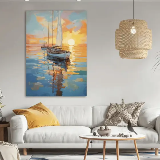 Quadro Decorativo Barcos no Pôr do Sol Laranja 60x90 Tela Canvas Grande Pronto Para Pendurar Sala