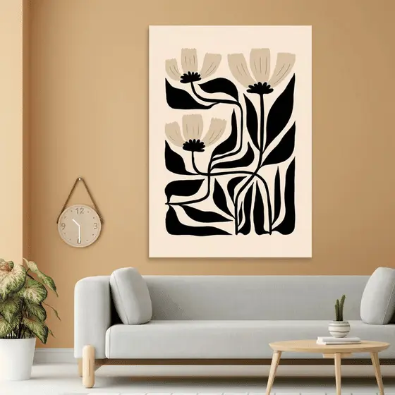 Quadro Decorativo Flores Abstratas Bege e Preto 60x90 Tela Canvas Grande Pronto Para Pendurar Sala