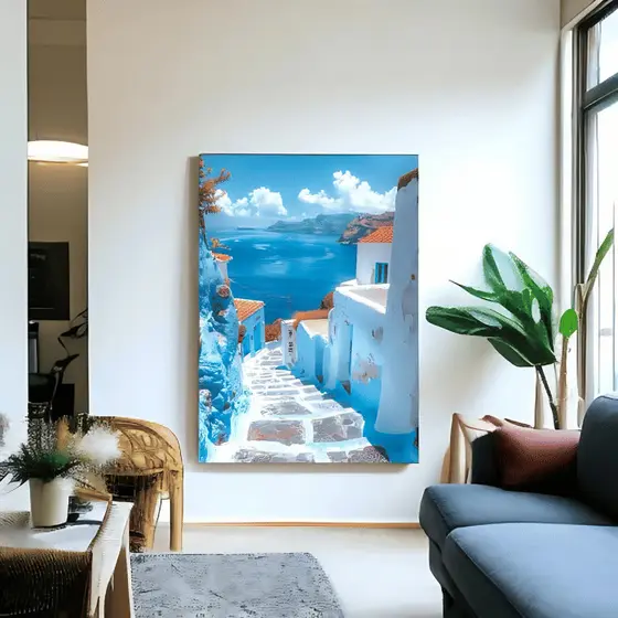 Quadro Decorativo Vila Grega Santorini Mar Azul 60x90 Tela Canvas Grande Pronto Para Pendurar Sala