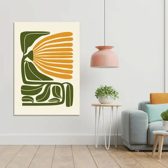 Quadro Decorativo Folhas Abstratas Verde e Mostarda 60x90 Tela Canvas Grande Pronto Para Pendurar Sala