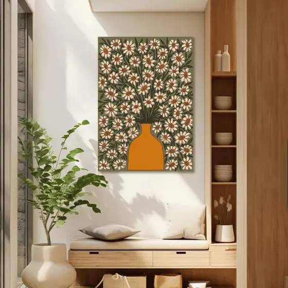 Quadro Decorativo Margaridas e Vaso Laranja 60x90 Tela Canvas Grande Pronto Para Pendurar Sala Quarto