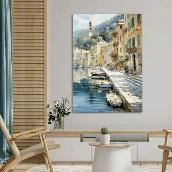 Quadro Decorativo Vila Costeira Mediterrânea 60x90 Tela Canvas Grande Pronto Para Pendurar Sala Quarto