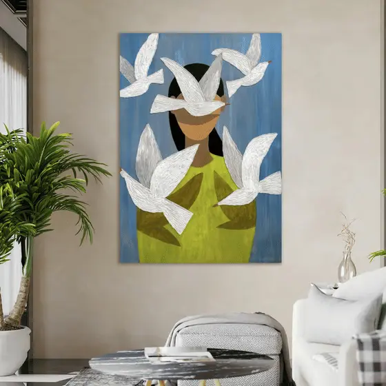 Quadro Decorativo Mulher com Pombas Brancas 60x90 Tela Canvas Grande Pronto Para Pendurar Sala Quarto