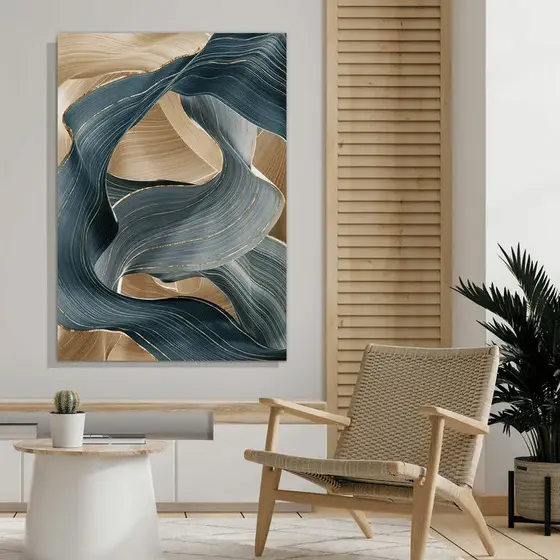 Quadro Decorativo Ondas Abstratas Azul e Dourado 60x90 Tela Canvas Grande Pronto Para Pendurar Sala