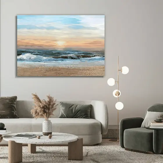 Quadro Decorativo Mar e Ondas ao Entardecer 60x90 Tela Canvas Grande Pronto Para Pendurar Sala Quarto