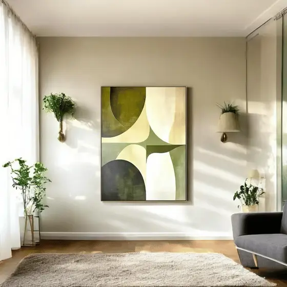 Quadro Decorativo Formas Geométricas Verde Oliva 60x90 Tela Canvas Grande Pronto Para Pendurar Sala