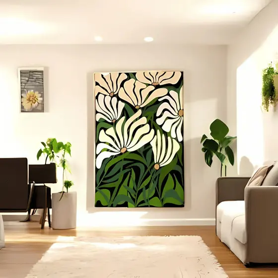 Quadro Decorativo Flores Brancas Folhas Verdes 60x90 Tela Canvas Grande Pronto Para Pendurar Sala Quarto