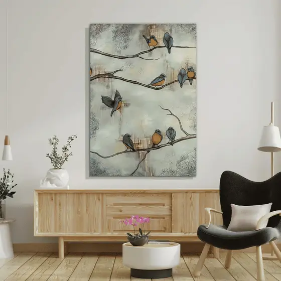 Quadro Decorativo Pássaros no Galho 60x90 Tela Canvas Grande Pronto Para Pendurar Sala Quarto