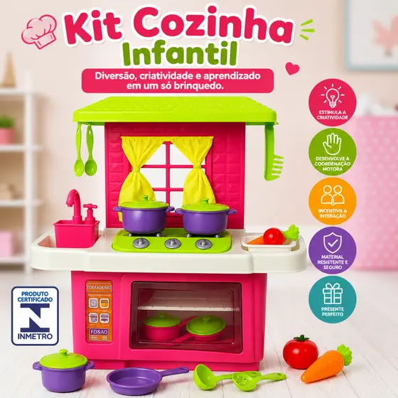 Cozinha Infantil Completa 9 Peças Com Forno Pia Fogão Panelinhas e Acessórios Brinquedo Educativo Sai Água Meninas
