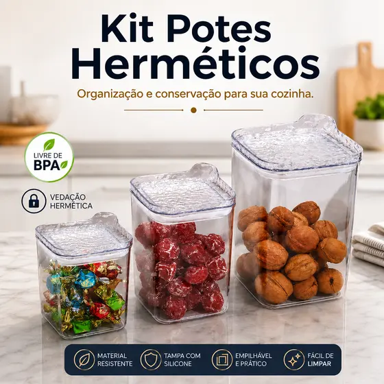 cojunto 3 Potes Herméticos Quadrados com Tampa de Silicone BPA Free Organizador de Cozinha Multiuso