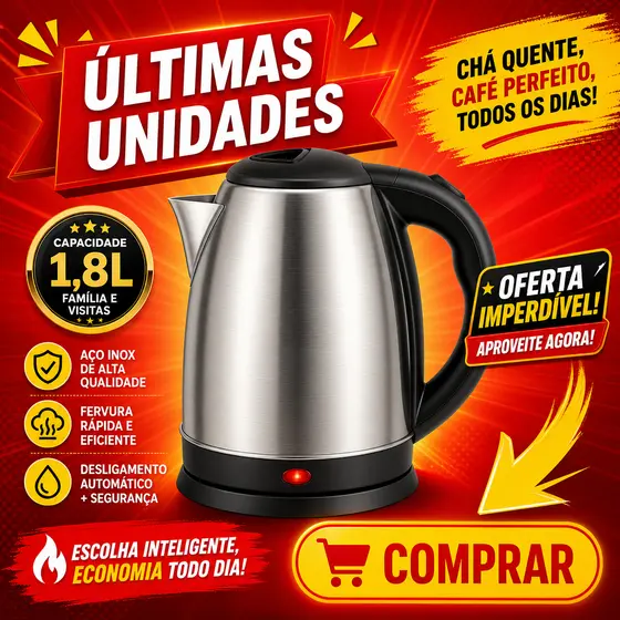 Kit Chaleira Elétrica Inox 1,8L 110V/220V + 3 Canecas de Vidro 250ml