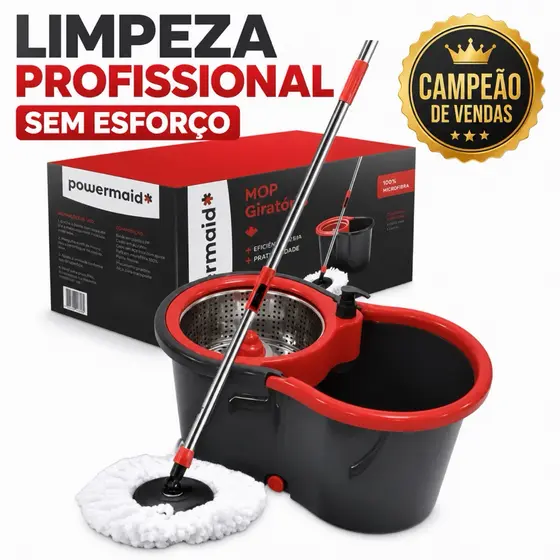 Mop Esfregão Giratório 360° com Balde 13 Litros + Cabo Inox Retrátil Sistema de centrifugação para limpeza fácil