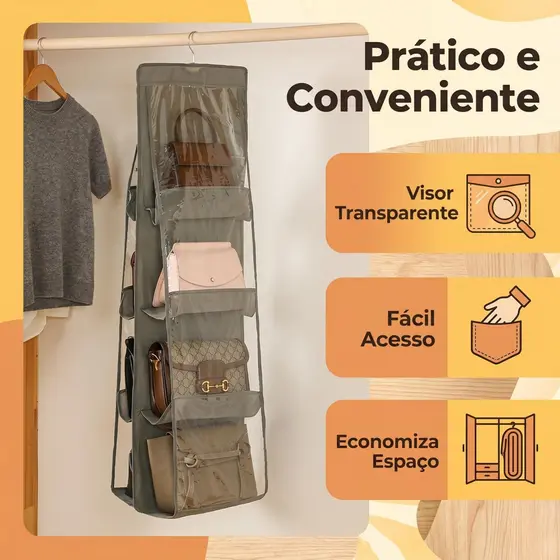 Suporte Organizador de Bolsas Suspenso 3 Cores para Guarda-Roupa