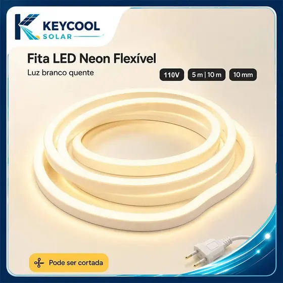 Keycool Fita LED Neon Flexível 110V Luz Branca Quente 5M/10M 10mm IP67 IRC>95 Cortável com Plugue para Decoração Interna