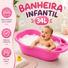 Banheira Infantil 34 Litros Grande para Bebê e Criança com Porta Objetos e Suporte para Shampoo