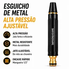 Esguicho de Metal Alta Pressão Ajustável para Mangueira 1/2" Bico Jato Forte Lava Carro Jardim Calçada
