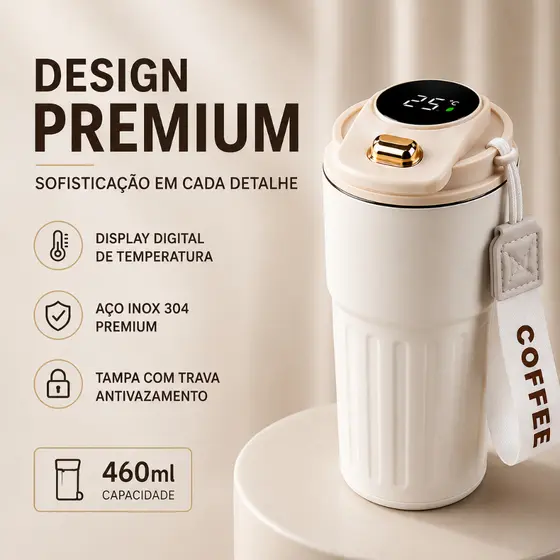 Copo Térmico Inteligente 460ml com Display Digital de Temperatura Aço Inox 304 Garrafa Térmica Antivazamento Portátil BP