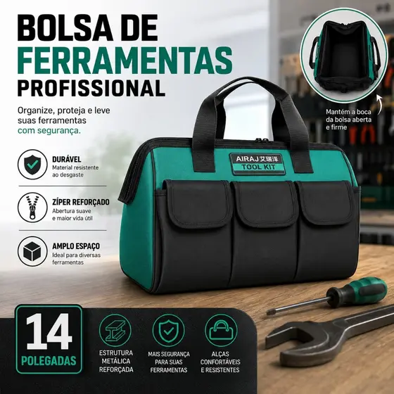 Bolsa De Ferramentas Reforçada 14 Pol Oxford Impermeável Com Fundo Rígido Maleta Multiuso Para Eletricista E Marceneiro