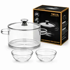 Kit Panela de Vidro Borossilicato 3,5L com Tampa | Caçarola Transparente Base Inox 304 【Proibido o uso de fogo】