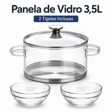 Panela de Vidro Borossilicato 3,5L com Fundo de Inox para Fogão de Indução + 2 Tigelas【Não utilize em fogão a gás】