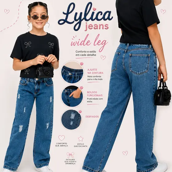 Calça Jeans Infantil/Juvenil Feminina Wideleg Cargo Azul Marmorizada 8 a 16 Anos Lançamento Exclusivo Alto Padrão