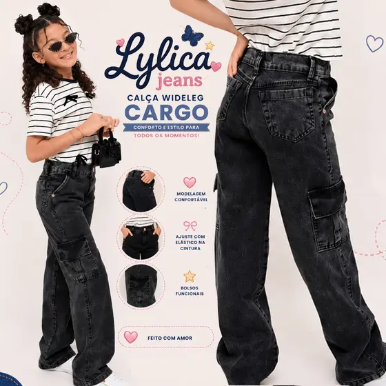Calça Jeans Infantil/Juvenil Feminina WideLeg Cargo Black Marmorizada  8 a 16 Anos Lançamento Exclusivo Alto Padrão