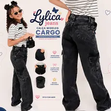 Calça Jeans Infantil Feminina WideLeg Cargo Black Marmorizada  Juvenil 8 a 16 Anos Lançamento Exclusivo Alto Padrão