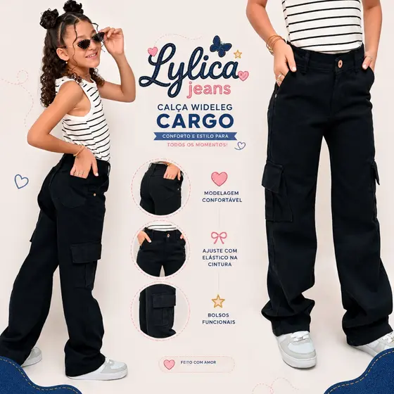 Calça Jeans Infantil Feminina WideLeg Cargo Black Juvenil 8 a 16 Anos Lançamento Exclusivo