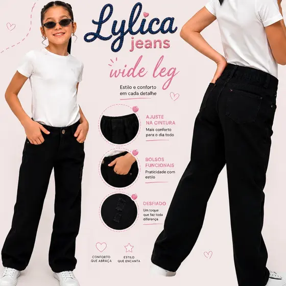 Calça Jeans Infantil Juvenil Feminina Wideleg Cargo Preta Marmorizada 8 a 16 Anos Lançamento Exclusivo Alto Padrão