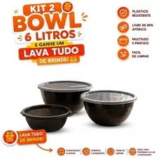 Kit 2 Tigelas Bowl 6 Litros + Escorredor Lava Tudo Oferta Cozinha Plástico