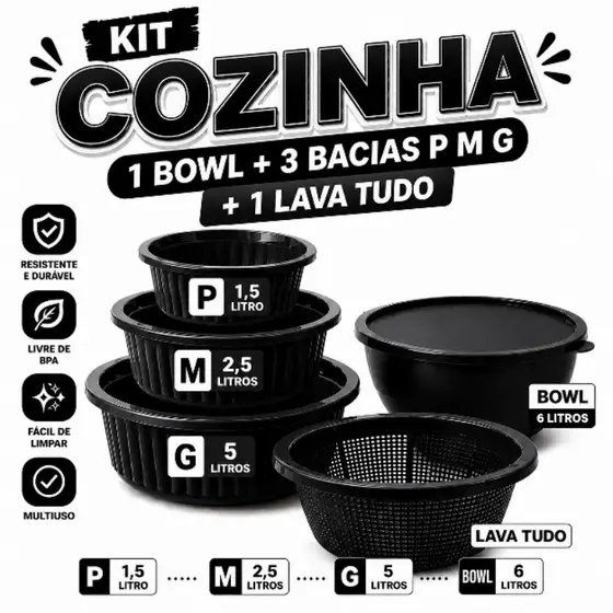 Kit 5 Peças Cozinha Bowl 6 Litros + 3 Bacias Plásticas P M G + Lava Tudo Escorredor Multiuso Resistente BPA Free cozinha