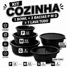 Kit 5 Peças Cozinha Bowl 6 Litros + 3 Bacias Plásticas P M G + Lava Tudo Escorredor Multiuso Resistente BPA Free cozinha