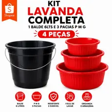 Kit Lavanda Completa 4 Peças Balde 6 LTS + 3 Bacias Plásticas P M G Multiuso Resistente Organizador Lavanderia Limpeza