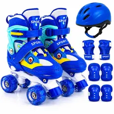 Patins Dinossauro Azul 4 Rodas Com Rodas Led + Kit Proteção