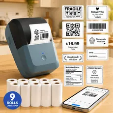 Kit Impressora de Etiquetas Bluetooth Térmica Sem Tinta + 9 Rolos Adesivos Mini Portátil iOS Android Etiquetadora
