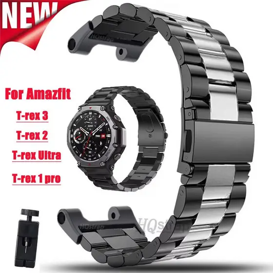 Pulseira de Relógio em Aço Inoxidável Compatível com Amazfit T-Rex 2 3 Ultra Metal Trex Pro Tyrannosaurus Smart Watch QT