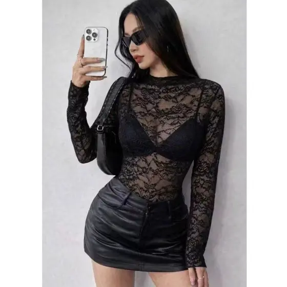 BODYT MANGA LONGA RENDA Feminino Slim em Gola Alta Super Confortável Estica Muito Elegante MODA BLOGUEIRA