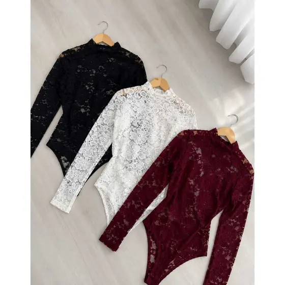✨Body Feminino Renda Manga Longa Gola Alta Tamanho Único Estica Muito Tecido Macio
