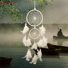 [Babypanda] Apanhador de Sonhos Redondo Branco com Penas, para Decoração de Parede EIC9 IIJ1