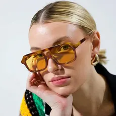 Óculos de Sol Quadrados Retrô Femininos Estilo Vintage de Marca Designer com Ponte Dupla Estampa de Leopardo Laranja SML
