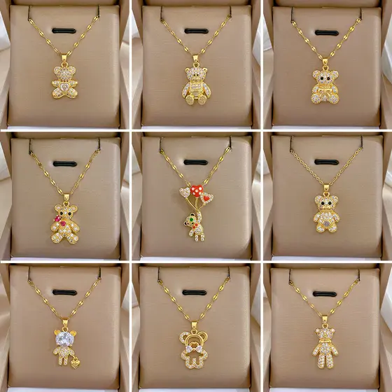 Colar feminino HT Bear, micro-incrustado com banho de ouro verdadeiro, estilo requintado de celebridade da internet, fei
