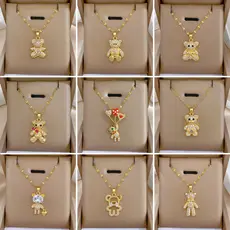 Colar feminino HT Bear, micro-incrustado com banho de ouro verdadeiro, estilo requintado de celebridade da internet, fei