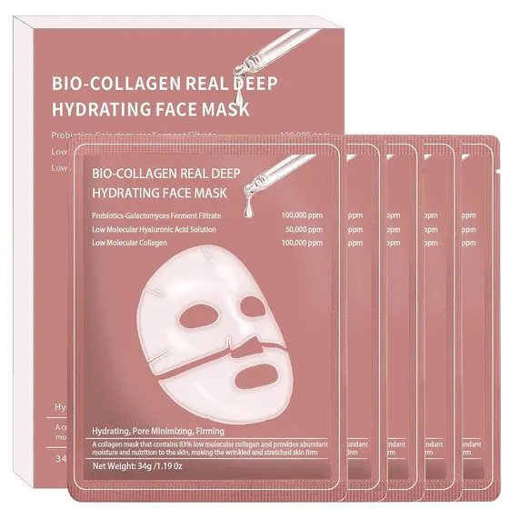 5 Máscaras Faciais de Bio-Colágeno, Máscara Profunda de Bio-Colágeno, de Colágeno Noturna, Máscaras Hidratantes