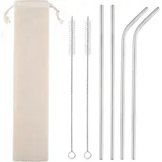 Conjunto de 4 Canudos de Metal Reutilizáveis, Canudo de Aço Inoxidável de 10,5'' de Comprimento com Escovas de Limpeza e