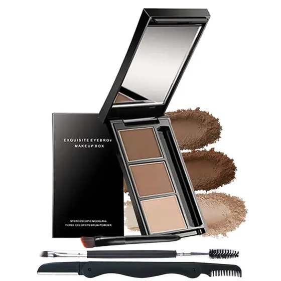 Kit de Maquiagem para Sobrancelhas - Paleta de Pó para Sobrancelhas em 3 Cores, Longa Duração e à Prova d'Água, Preenche
