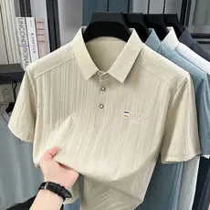 Camisa polo masculina Jacquard de meia-idade manga curta Casual lapela gelo seda camiseta topo camisa polo todos @-